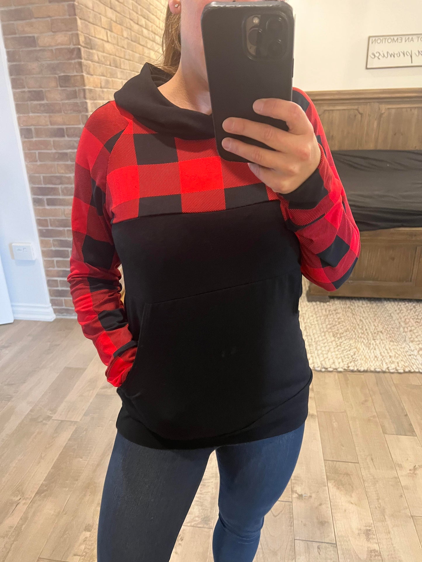 longueur TUNIQUE hoodie noir et carreaux poche kangourou